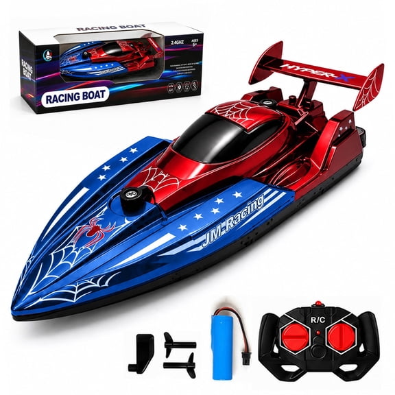 Funtogether Toys RC Boat for Kids, 2.4GHz Remote Control Racing Boat with Rechargeable Battery, Spider Style Water Toy for Pools, Ponds and Calm Lakes