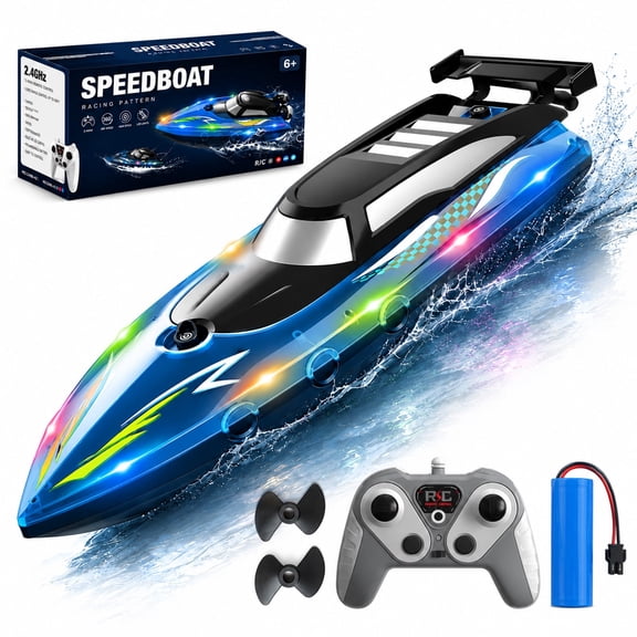 Funtogether Toys RC Boat with LED Lights, 2.4GHz Remote Control Speedboat for Pools and Lakes