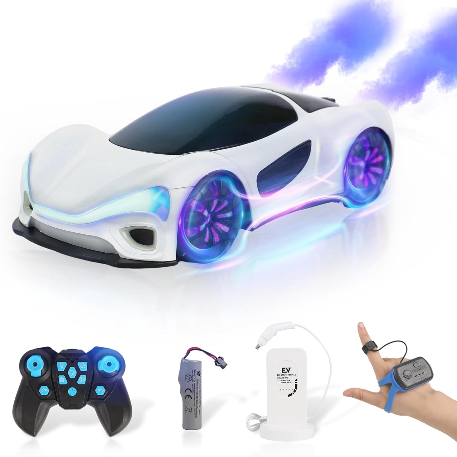 Funtogether Toys RC Drift Car with Gesture Sensor, 360° Spin Stunt Car with Spray, Lights & Music, Type-C Charging, Remote Control Toy Gift for Boys Ages 6–12