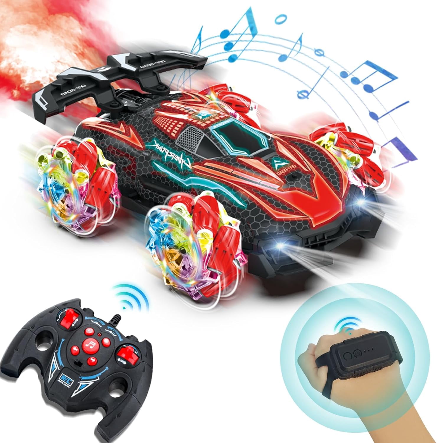 Funtogether Toys RC Gesture Sensing Stunt Car with Spray, Lights & Music, 360° Rotating 4WD Transforming Remote Control Car for Boys Ages 6–12