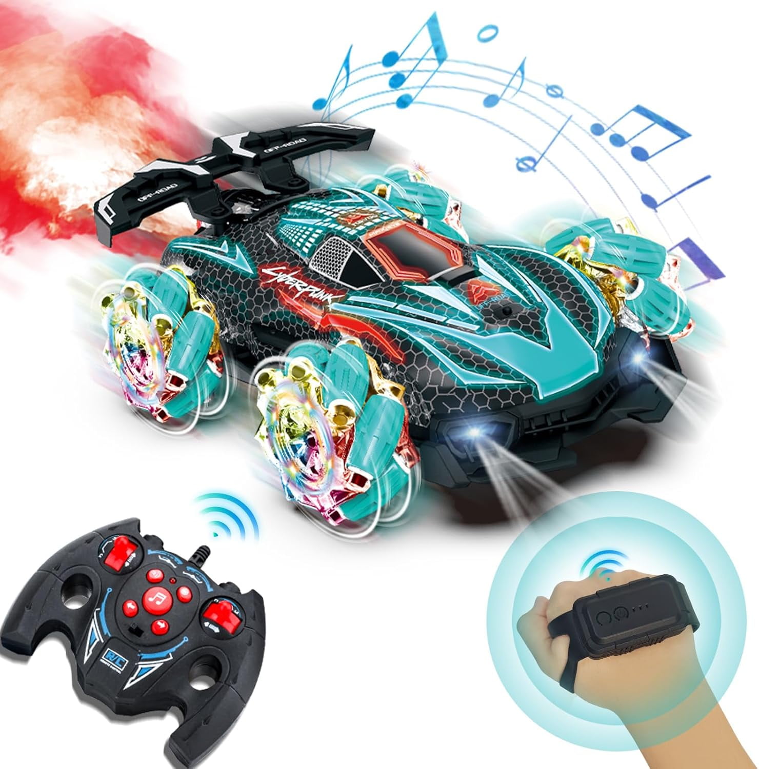 Funtogether Toys RC Gesture Sensing Stunt Car with Spray, Lights & Music, 360° Rotating 4WD Transforming Remote Control Car for Boys Ages 6–12