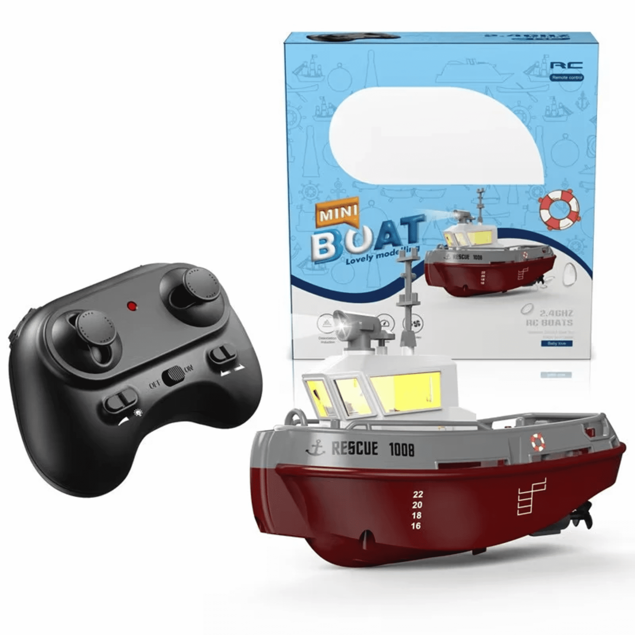 RC Rescue Ship, Funtogether Toys, Tugboat with Working Lights & Dual Propellers, Rechargeable Pool Toy