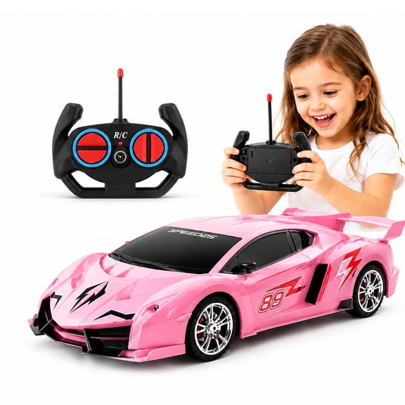 Funtogether Toys Remote Control Car for Girls, 1:18 Pink RC Sports Car with LED Lights