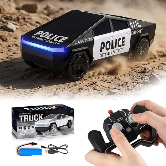 Funtogether Toys Remote Control Police Truck, 1:24 RC Pickup Toy with LED Lights and Rechargeable Battery