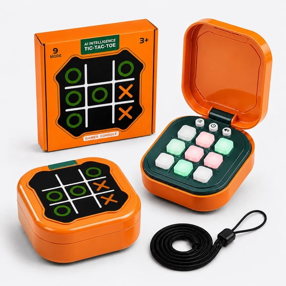 Funtogether Toys Smart Electronic AI Tic-Tac-Toe Game Console Flip Model Palm-Size Handheld 9 in 1 Orange