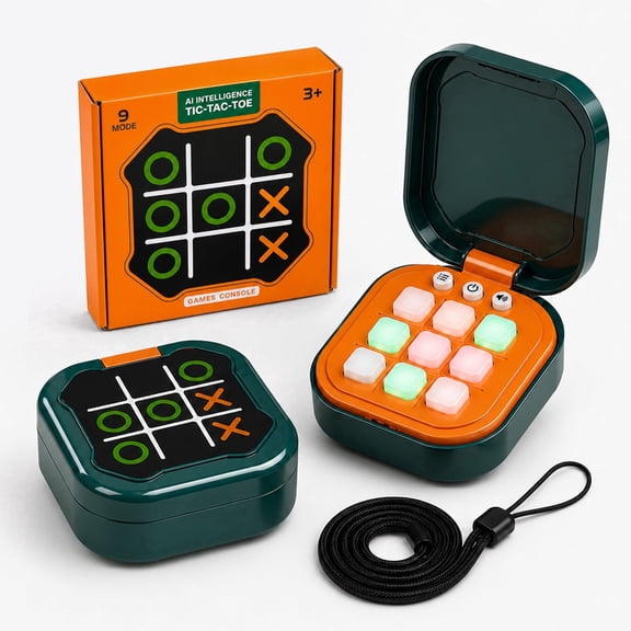 Funtogether Toys Electronic Tic-Tac-Toe Game Console, No Character, Handheld 9-in-1 Flip Puzzle Game, Green
