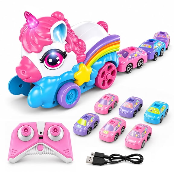 Funtogether Toys Unicorn Remote Control Car Toy with 6 Magnetic Mini Cars, 2.4GHz Dual-Joystick RC Vehicle, Lights and Sounds