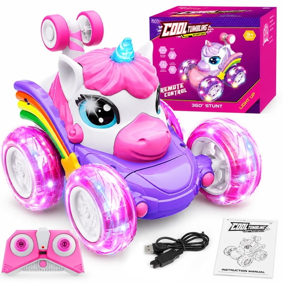 Funtogether Toys Unicorn Remote Control Car for Girls, Pink 2.4 GHz 4WD RC Stunt Car with LED Lights