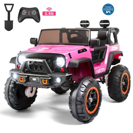 Funtok 24 Volt 2 Seater Kids Ride on Truck 4 x 100W Motor Electric Vehicle Car,4WD/2WD Switchable Battery Powered Ride on Toy,3 Speeds with Remote Control,Spring Suspension & LED Light,Pink