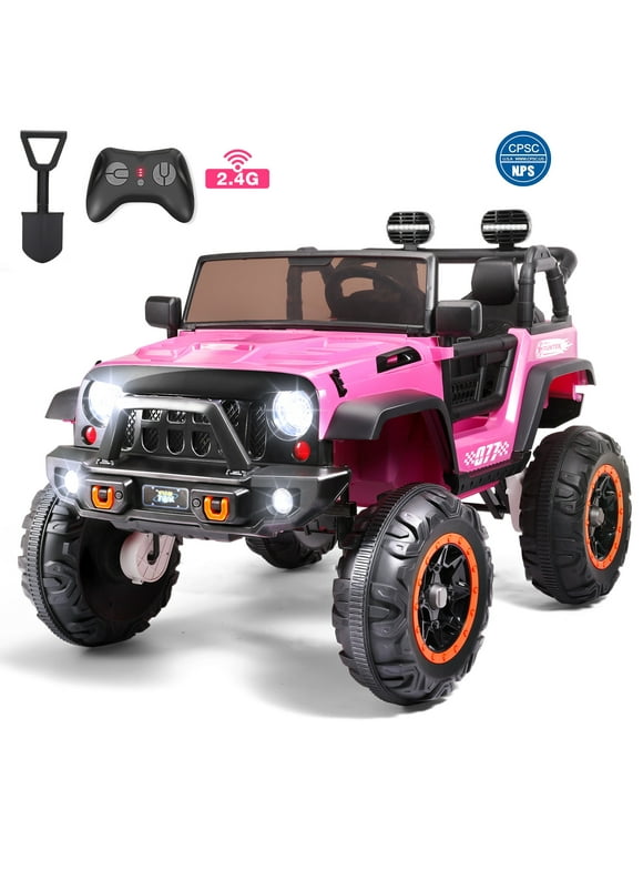 Funtok 24 Volt 2 Seater Kids Ride on Truck 4 x 100W Motor Electric Vehicle Car,4WD/2WD Switchable Battery Powered Ride on Toy,3 Speeds with Remote Control,Spring Suspension & LED Light,Pink