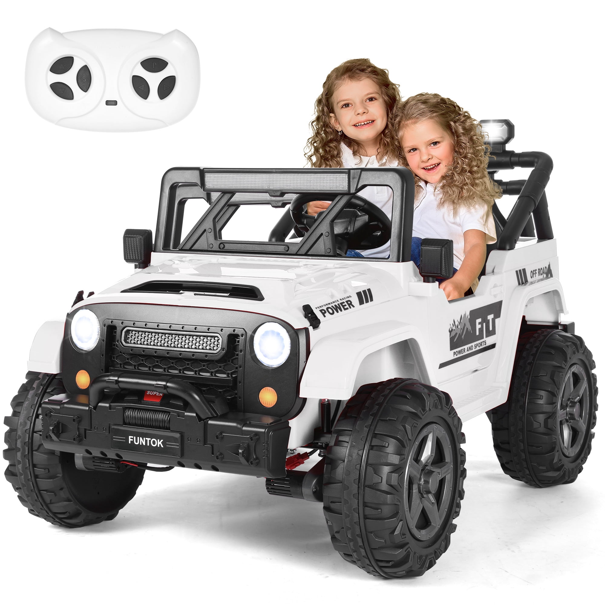 FUNTOK 24 Volt 2 Seater Kids Ride on Truck w/ 20 " Large Seat, 4 x 200W Motor Electric Vehicle Car, 4WD/2WD Switchable Battery Powered Ride on Toy, 3 Speeds with Remote Control & LED Lights, White