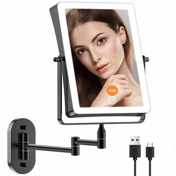 Funtouch Double Sided 1X 10X Magnifying Wall lighted Mounted Makeup Mirror with Extended Arm, 360° Swivel Foldable, 3 Color Settings, Black