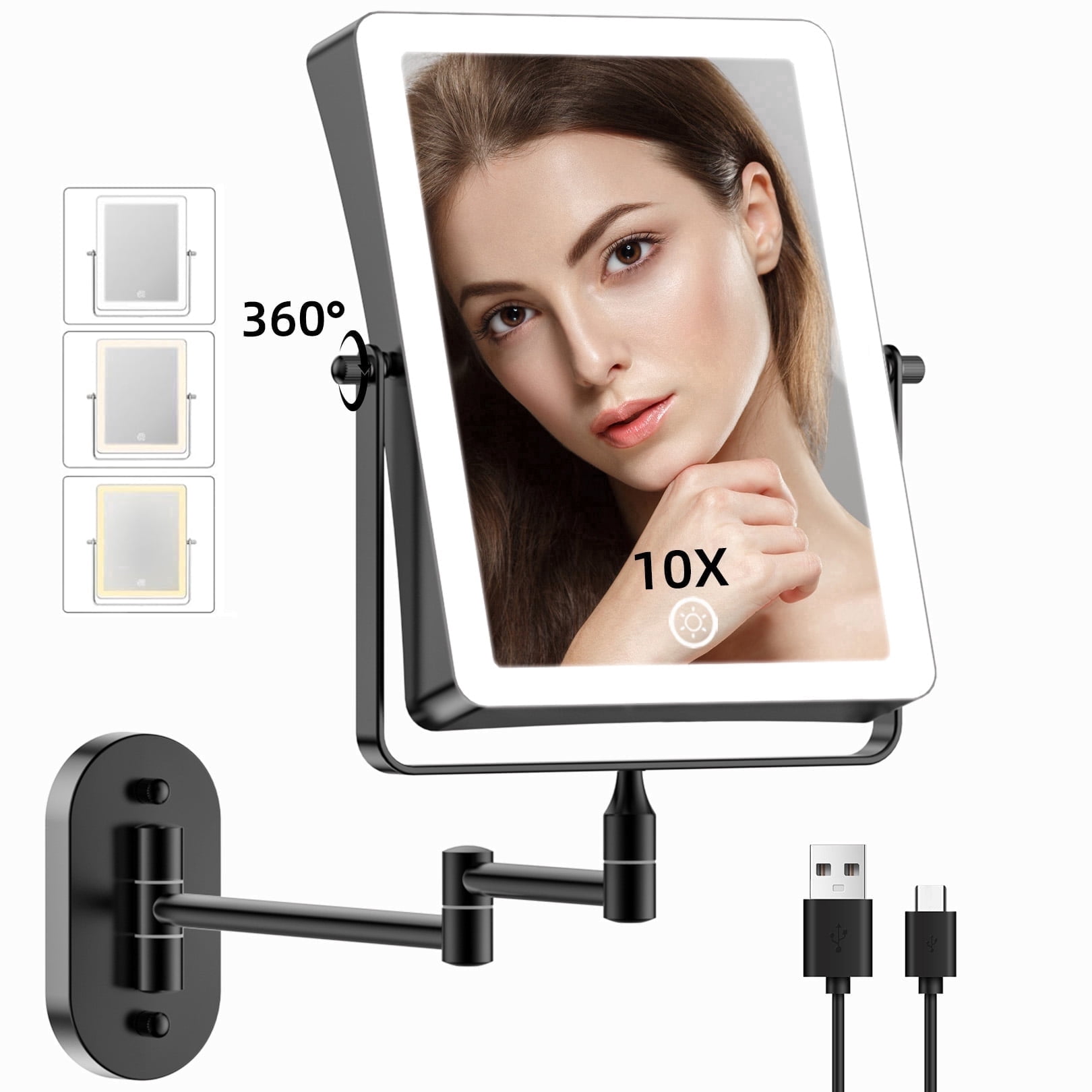 Funtouch Double Sided 1X 10X Magnifying Wall lighted Mounted Makeup Mirror with Extended Arm, 360° Swivel Foldable, 3 Color Settings, Black