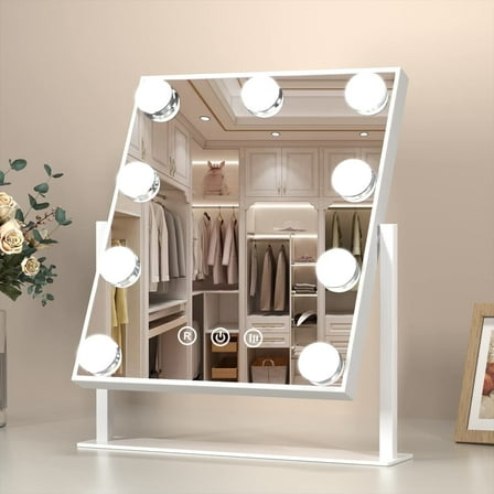 Funtouch Makeup Mirror, Vanity  Mirror with  3 Color Lights, 360 Swivel,  Square Alloy Steel Tabletop , White