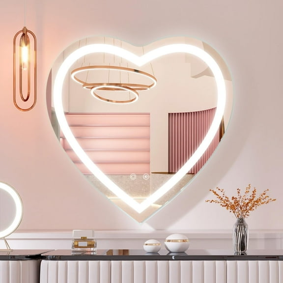 Funtouch Heart Shaped Vanity Mirror with Lights 24"x24", Heart Led Mirror , Front Lit Wall Mounted LED Vanity Mirror with 3 Color, Dimmable, Memory, Smart Touch, Shatter-Proof and Frameless