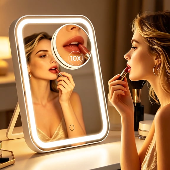 FUNTOUCH Large Makeup Vanity Mirror with Lights, 4500mAh Rechargeable Lighted Desk Makeup Mirror with 10x Magnifying Mirror,  3 Color Lighting (White)