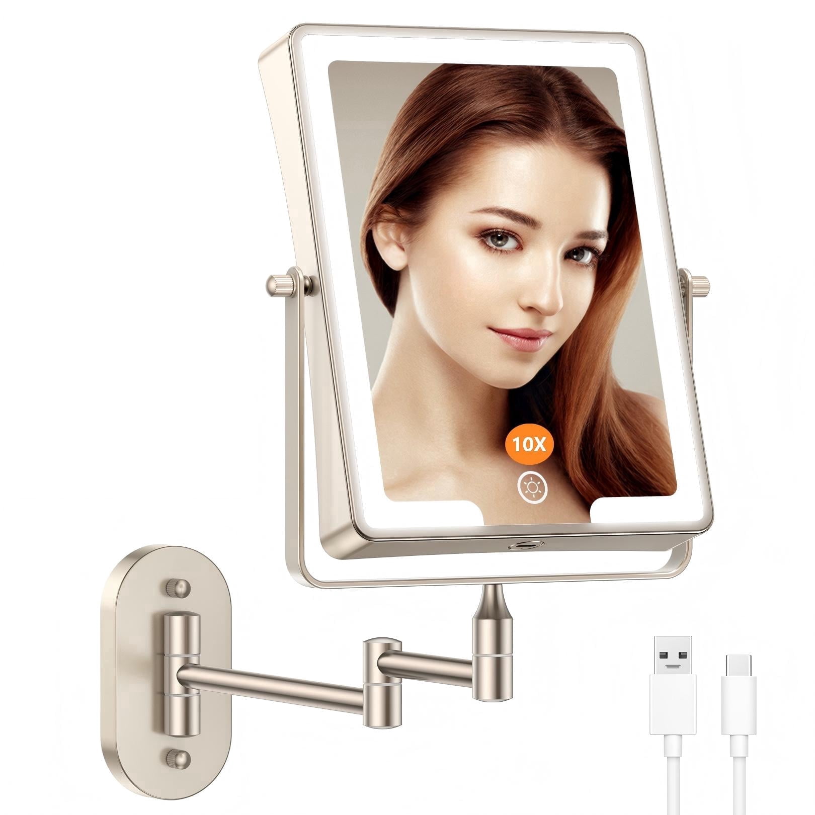 Funtouch Double Sided 1X 10X Magnifying Wall lighted Mounted Makeup Mirror with Extended Arm, 360° Swivel Foldable, 3 Color Settings,Nickel
