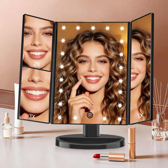 Funtouch Tri-Fold Makeup Mirror with Lights, 2X/3X Magnifying Makeup Mirror, Touch Control Vanity Mirror, USB/Battery Powered Table Mirrors