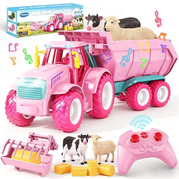 Funwee RC Farm Tractor Toy w/Light & Music, Kid Truck Toy w/Front Loader & Farm Animal, 2.4GHz RC Tractor Trailer Car Vehicle Toy for Boy Girl Age 3 4 5 6 7+ Year Old Christmas Birthday Gift (Pink)