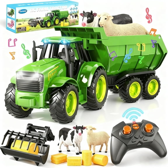Funwee RC Farm Tractor Toy w/Light & Music, Kid Truck Toy w/Front Loader & Farm Animal, 2.4GHz RC Tractor Trailer Car Vehicle Toy for Boy Girl Age 3 4 5 6 7+ Year Old Christmas Birthday Gift (Green)