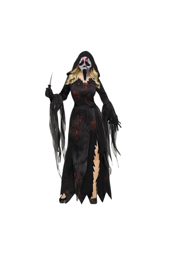 Womens Ghost FaceBloodyBling Costume Small Hooded Gown, Belt, Gloves & Rhinestone Bling Mask