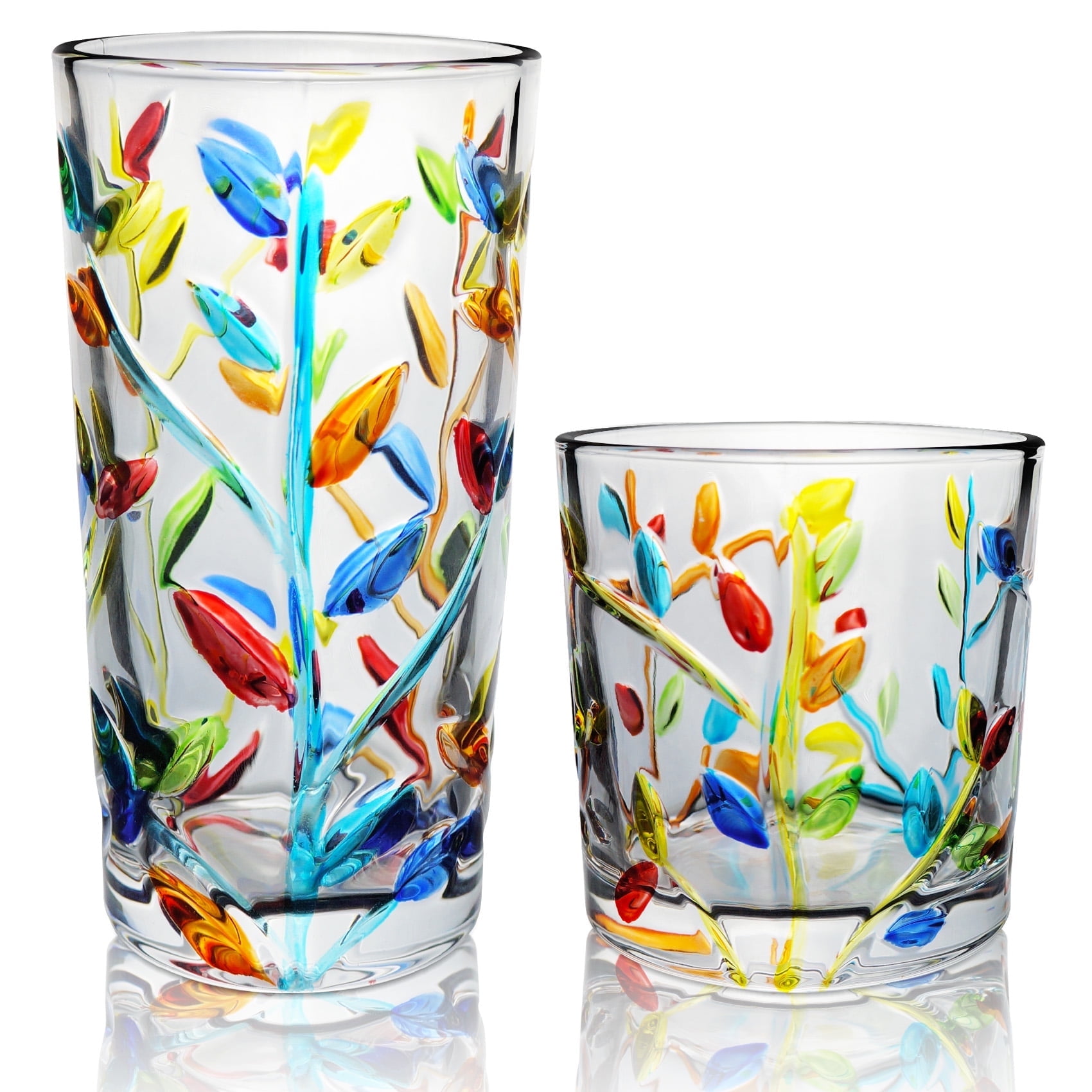 Funxee Cocktail Glasses Set of 2, Drinking Glassware for Kitchen, Cute Crystal Cups 11 oz & 8.5 oz for Beer, Juice, Whiskey, Milk (Colorful）