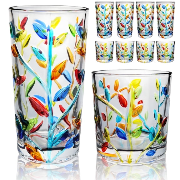 Funxee Drinking Glasses Set of 8 (4x11oz + 4x8.5oz), Cups for Cocktails, Beer, Juice, Whiskey, Milk – Durable Bar & Kitchen Glassware, Dishwasher Safe(Colorful)