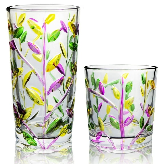 Funxee Drinking Glasses Set of 2, Cocktail Glassware for Kitchen, Cute Crystal Cups 11 oz & 8.5 oz for Beer, Juice,Whiskey, Milk (Purple Green)