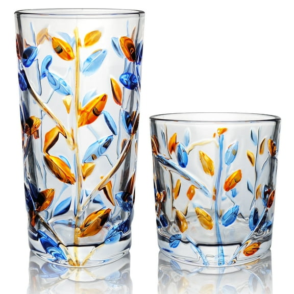 Funxee Drinking Glasses Set of 2, Cocktail Glassware for Kitchen, Cute Crystal Cups 11 oz & 8.5 oz for Beer, Juice, Whiskey, Milk (Red Blue)