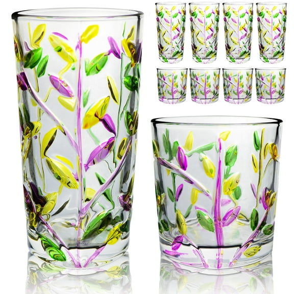 Funxee Drinking Glasses Set of 8 (4x11oz   4x8.5oz), Cups for Cocktails, Beer, Juice, Whiskey, Milk – Durable Bar & Kitchen Glassware, Dishwasher Safe(Purple Green)