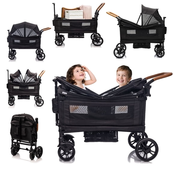 Funyard 2-in-1 Stroller Wagon for 2 Kids, Push Pull Wagon with 5-Point Safety Harness, Removable Canopy & Adjustable Handlebar, Lightweight Fold,Cup holderBlack