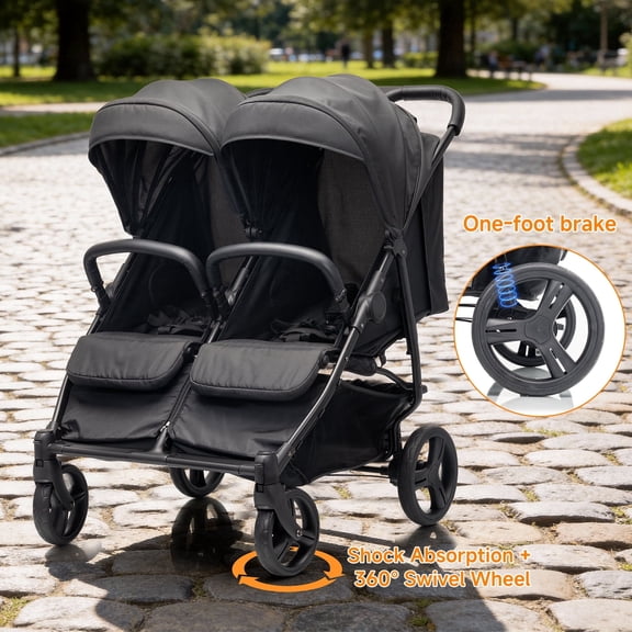 Double Stroller for Twins, Ultra-Lightweight Compact Side by Side Stroller with One-Hand Fold, 5-Point Harness & All-Terrain Wheels (6M-3 Years)