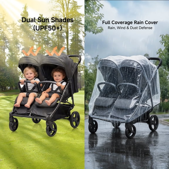 Double Stroller for Twins, Ultra-Lightweight Compact Side by Side Stroller with One-Hand Fold, 5-Point Harness & All-Terrain Wheels (6M-3 Years)
