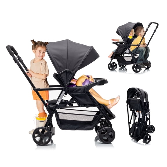 Funyard sit upright double lightweight travel stroller, with standing platformCanopyTray Table