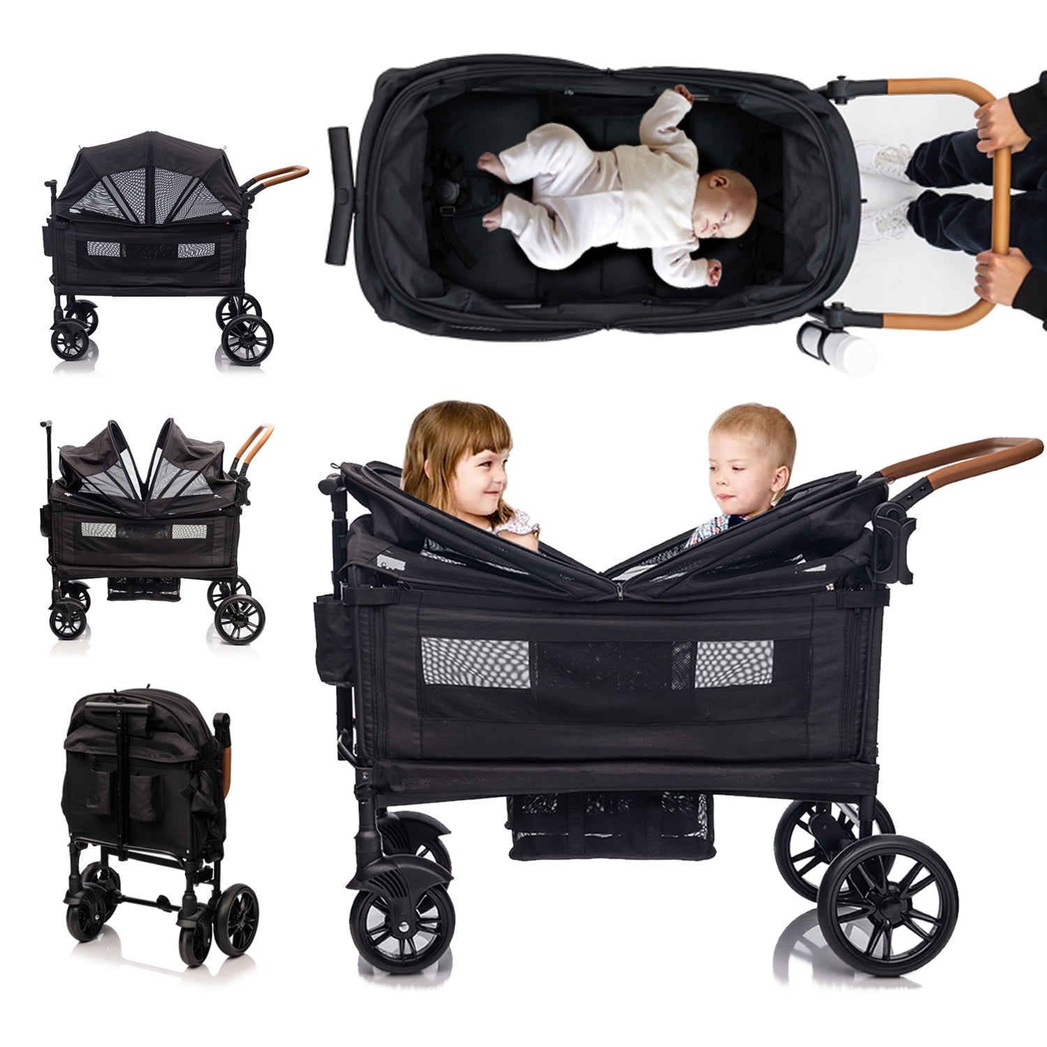 Funyard, Expedition Wagon Stroller for 2 Kids, Double Stroller with 5-Point Safety Harness, Adjustable Canopy & Handlebar, Snack Tray, All-Terrain Wheels, Lightweight Fold, Black