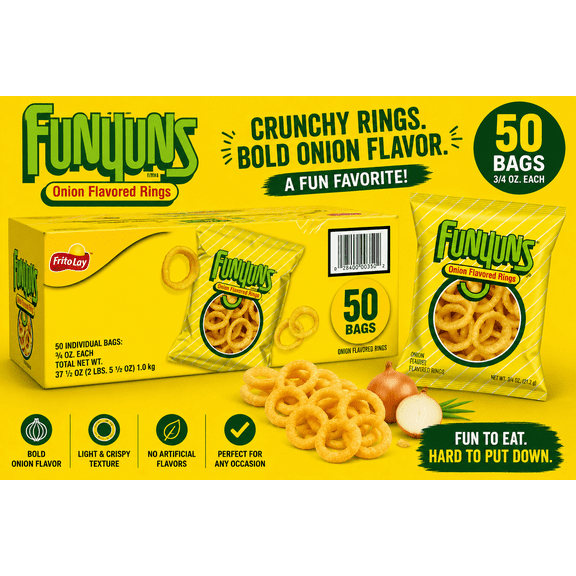 Funyuns Original Onion Flavored Rings, 0.75 oz Individual Bags, 50 Count Bulk Box