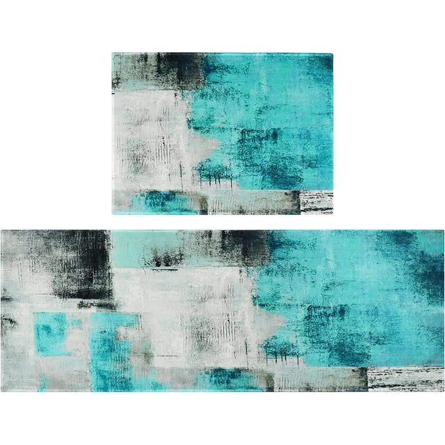 Fuoxowk Turquoise Teal Modern Abstract Kitchen Rug Set,Black Grey