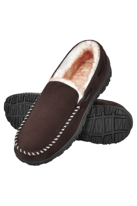 Fupoia Mens Slippers Mens Memory Foam Slippers Indoor Outdoor Moccasin Slippers for Men with Non-Slip Rubber Sole Brown US08