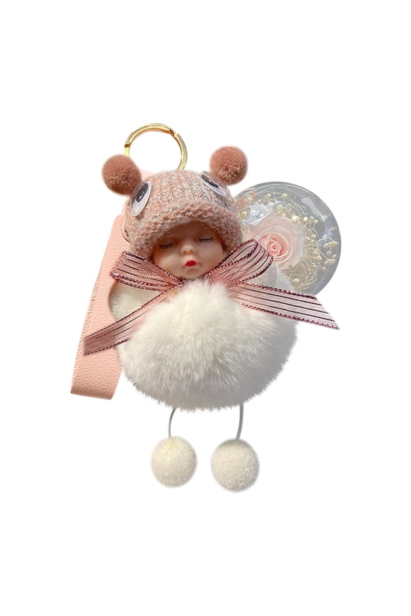 Fur Baby Keychain, Cute Sleeping Baby Doll, Soft Fluffy Pom-Pom Charm for Bags and Purses, Car keyrings leather handbags, Fuzzy Key Chain Accessories Wristlet Keychain
