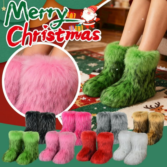 Fur Boots For Women,Fur Boots Warm Women's Faux Fur Boot Furry Short Snow Boot Mid-Calf Boots Outdoor Flat Shoes(1PC)