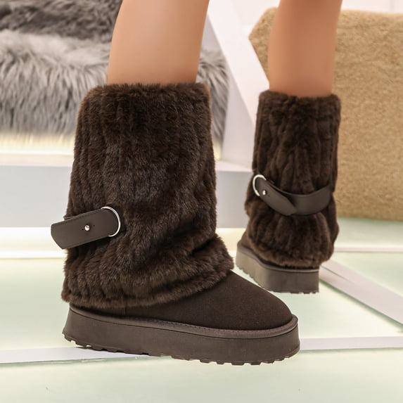 Fur Boots,Womens Winter Boots,Women's Faux Fur Mid Calf Snow Boots - Round Toe Suede Warm Fur Lined Platform Flat Comfort Outdoor Winter Fashion Boots(Coffee 41)