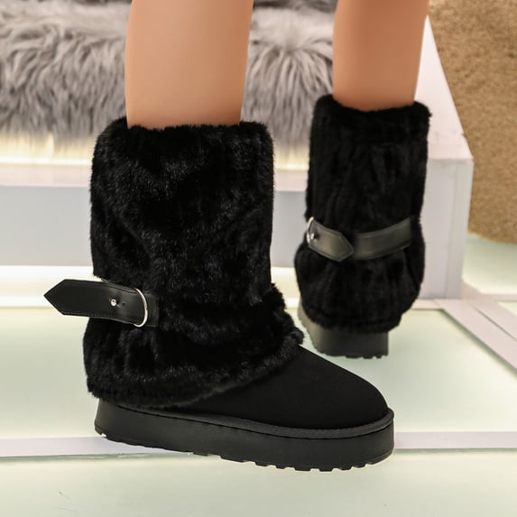 Fur Boots,Womens Winter Boots,Women's Faux Fur Mid Calf Snow Boots - Round Toe Suede Warm Fur Lined Platform Flat Comfort Outdoor Winter Fashion Boots(Black 39)