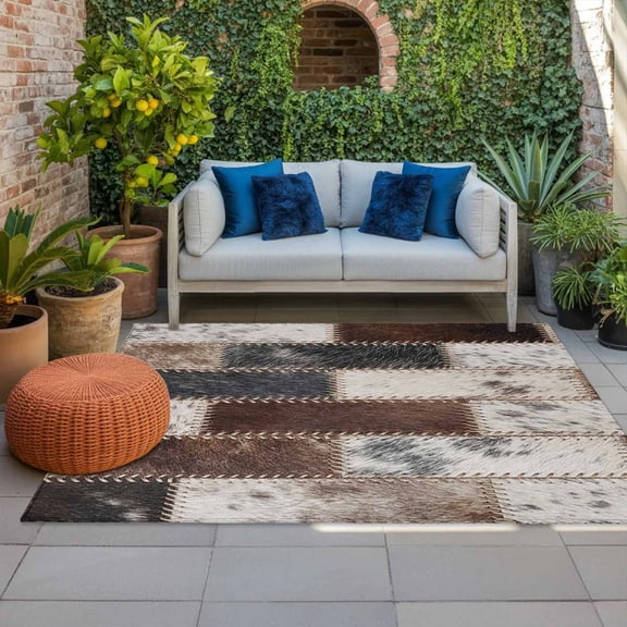 Fur Brick Indoor Outdoor Rugs 3x5 Ft, Country Ethnic Abstract Grey Brown Animal Fur Style Plaid Outdoor Patio Rugs Mat Washable Outside Area Rugs Carpet for Porch Deck RV Camping Pool Balcony