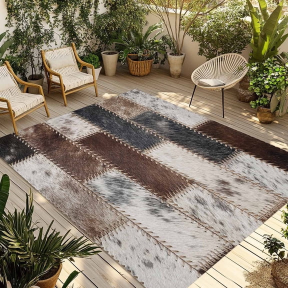 Fur Brick Outdoor Rug, Country Ethnic Abstract Grey Brown Animal Fur Style Plaid Non-Slip Area Rugs Carpet Breathable Large Floor Mat for Outdoors Patio Porch Deck Beach 3’ x 5’