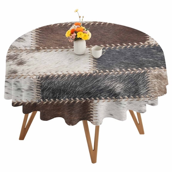 Fur Brick Round Tablecloth 60 inches Country Ethnic Abstract Grey Brown Animal Fur Style Plaid Waterproof Oil-Proof Table Cloth Round Table Cover for Holiday Party Picnic Dinner Decor Indoor Outdoor