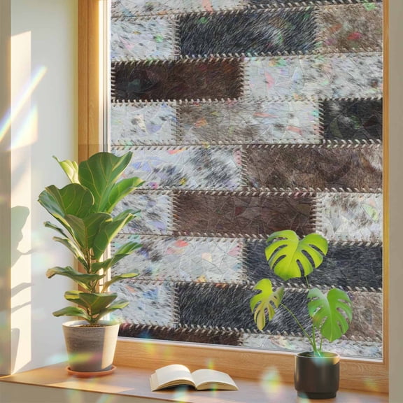 Fur Brick Window Privacy Film, Country Ethnic Abstract Grey Brown Animal Fur Style Plaid Stained Glass Rainbow Film Decorative Window Clings, Static Cling Sun Blocking Stickers 17.7" x 39.3"