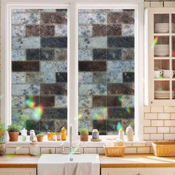 Fur Brick Window Privacy Film Country Ethnic Abstract Grey Brown Animal Fur Style Plaid Static Cling Stained Glass Window Film Non-Adhesive Decorative Decals Rainbow Sticker 17.7"X39.3"