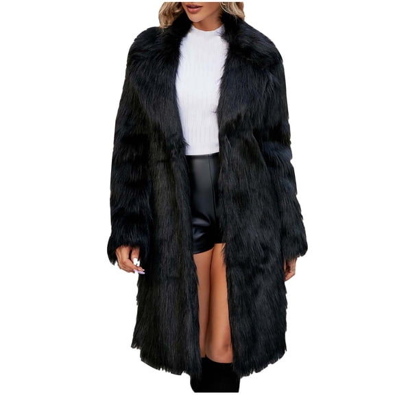 Fur Coats For Women Clearance Faux Long Sleeve Lapel Fluffy Cardigan Fashion Open Front Long Shaggy Coat Outerwear Longline Artificial Mink Coats Collar Windproof Long Trench Coat