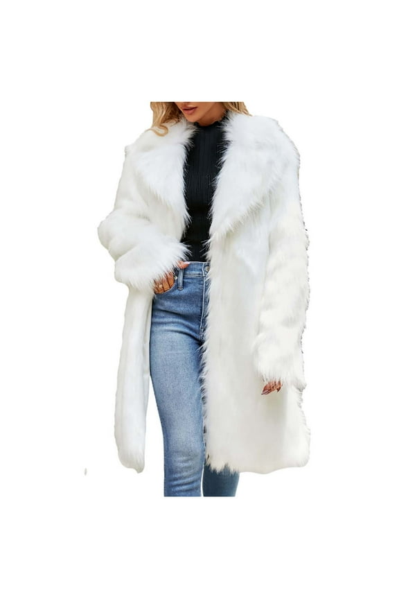 Fur Coats For Women Sale Clearance Faux Long Sleeve Lapel Fluffy Cardigan Fashion Open Front Long Shaggy Coat Outerwear Longline Artificial Mink Coats Collar Windproof Long Trench Coat