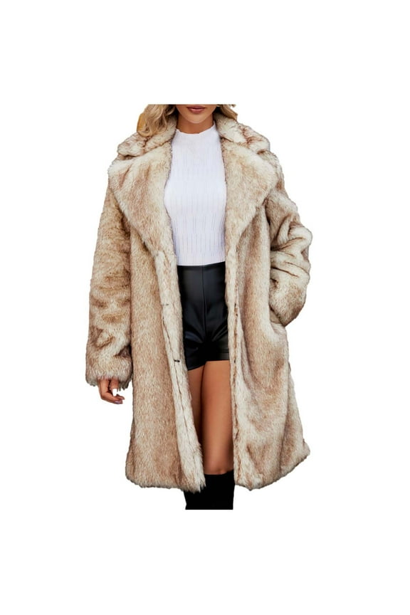 Fur Coats For Women Sale Clearance Faux Long Sleeve Lapel Fluffy Cardigan Fashion Open Front Long Shaggy Coat Outerwear Longline Artificial Mink Coats Collar Windproof Long Trench Coat